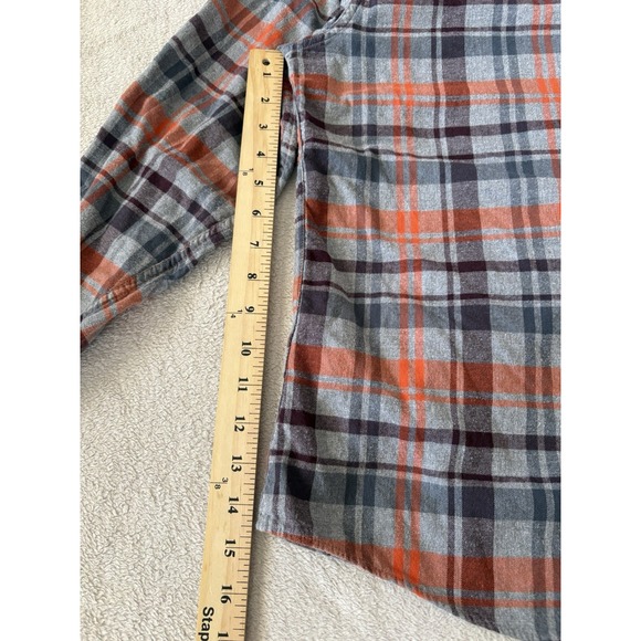 Eddie‎ Bauer Men's Large Classic Fit Plaid Flannel Button Up Shirt Orange Grey - Picture 3 of 7